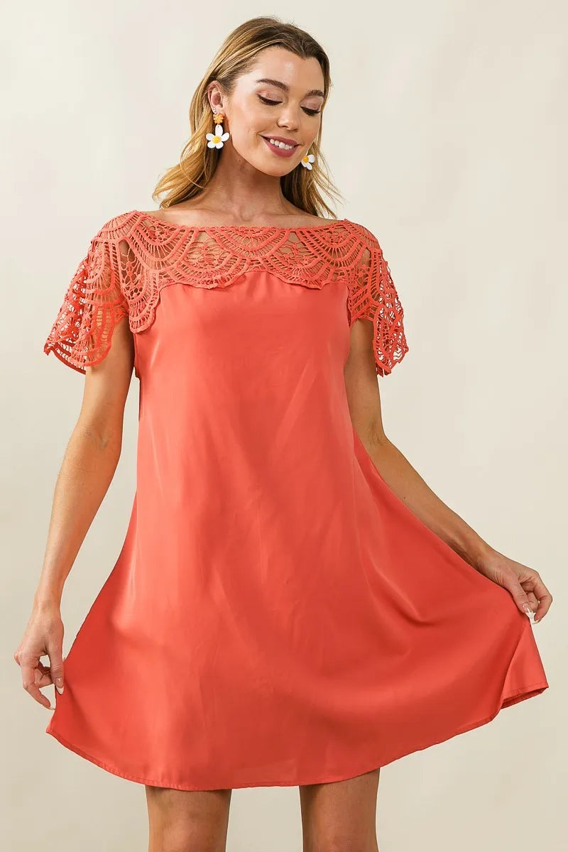 Dress - Wrinkled - Crochet Lace Yoke - Boho - Lightweight - Casual 5-2-usa BiBi Ship from USA