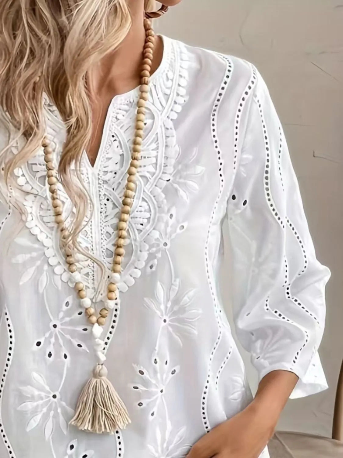 Blouse - Eyelet Lace Detail - 3/4 Sleeve - Polyester - No Stretch 4-29 Irina Ship From Overseas