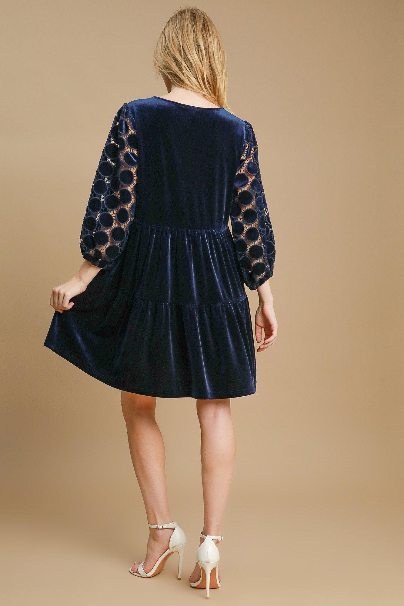 Navy Velvet Mini Dress - Lace Sleeve new Ship from USA Umgee USA