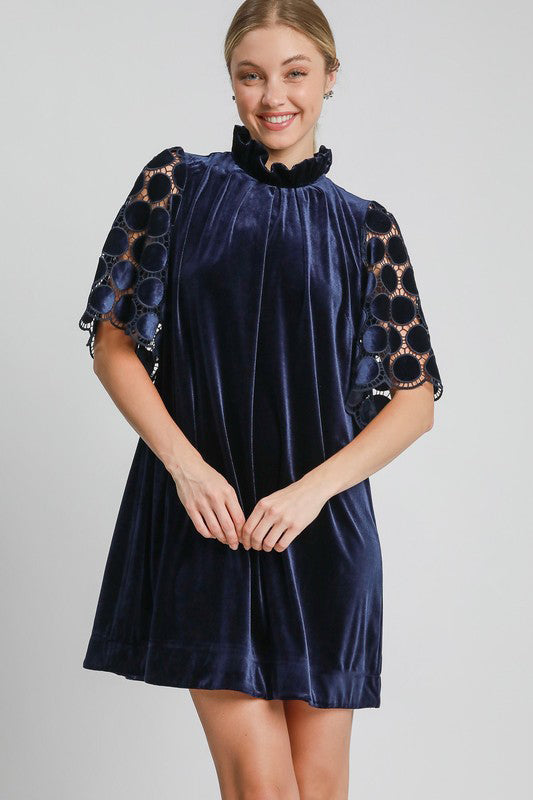 L Navy Lace Half Sleeve Velvet Dress - Mock Neck new Ship from USA Umgee USA