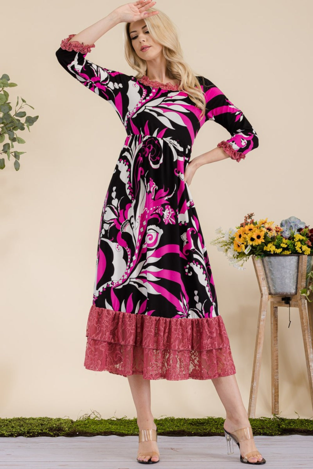 Fuchsia Lace Ruffled Midi Dress Clothing & Accessories > Clothing > Dresses autopostr_pinterest_71118 autopostr_pinterest_71178 autopostr_pinterest_71277 dress full lace midi paisley print ruffled size