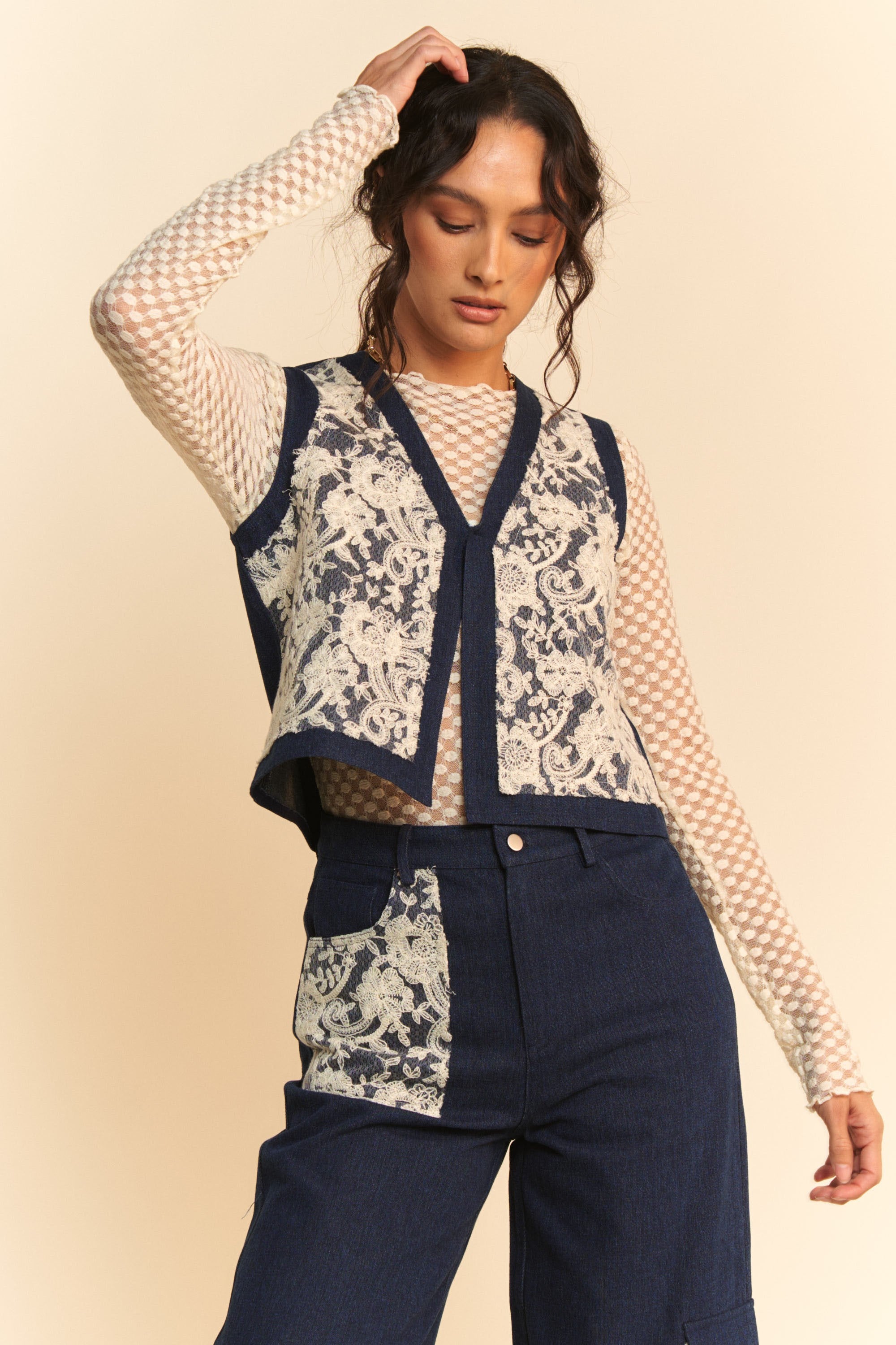 Denim Vest - Open Front - Lace Accents - 100% Cotton Apparel & Accessories > Clothing > Outerwear autopostr_pinterest_72819 Davi & Dani Only Available for U.S. Residents Ship from USA sync-pinterest