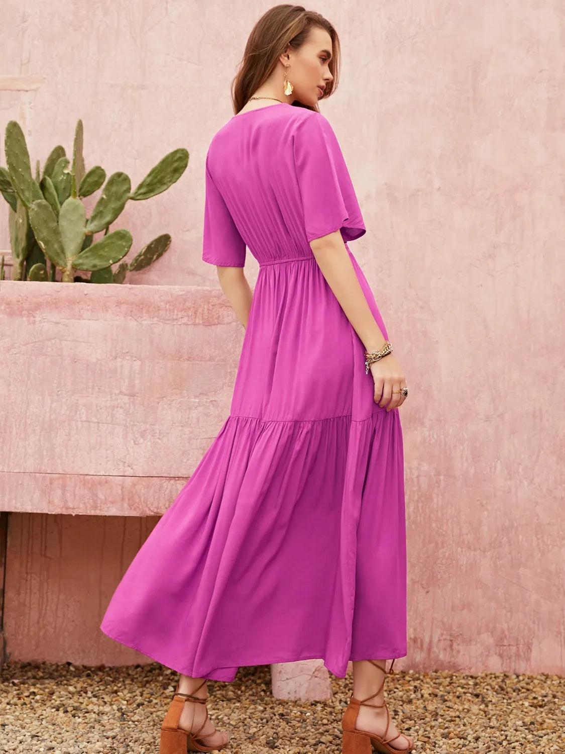 Lace Detail V-Neck Short Sleeve Midi Dress 4-23-overseas Rusttydustty Ship From Overseas