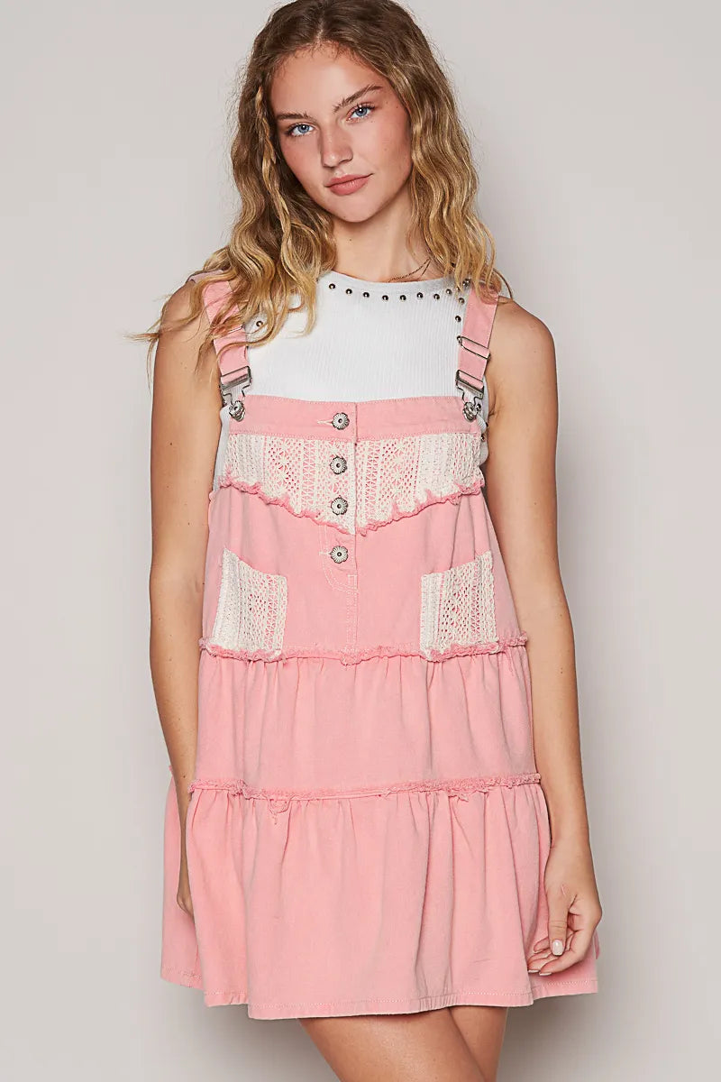 Pink Denim Overall - Chic Ruffles Lace 7-11 POL Ship from USA