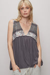 CHARCOAL Sleeveless V-Neck Top - Lace Frill Detail - Floral Print Apparel & Accessories > Clothing > Tops autopostr_pinterest_71901 autopostr_pinterest_72819 Only Available for U.S. Residents POL Ship from USA sync-pinterest