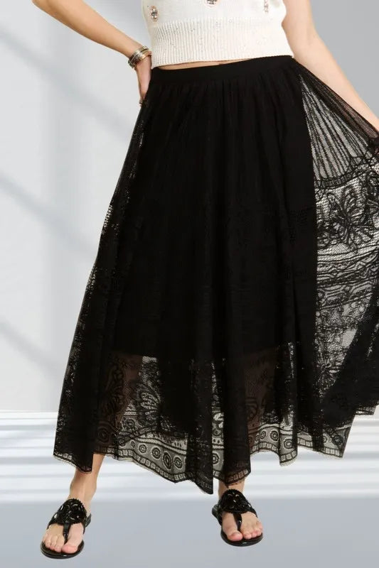 BLACK Maxi Skirt - Lace Boho Elastic Waist - Casual Romantic Style 4-23-usa ADORA Ship from USA