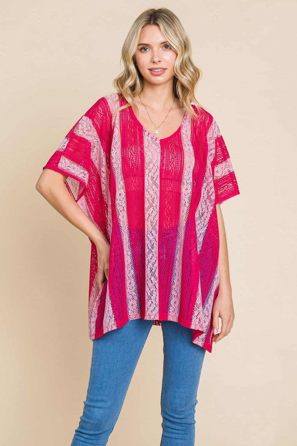 Fuchsia Fuchsia Oversized Lace Top - Drop Shoulder - V-Neck - Clothing & Accessories > Clothing > Tops autopostr_pinterest_71277 bleu cotton drop label neck oversize pinterestnew shoulder top