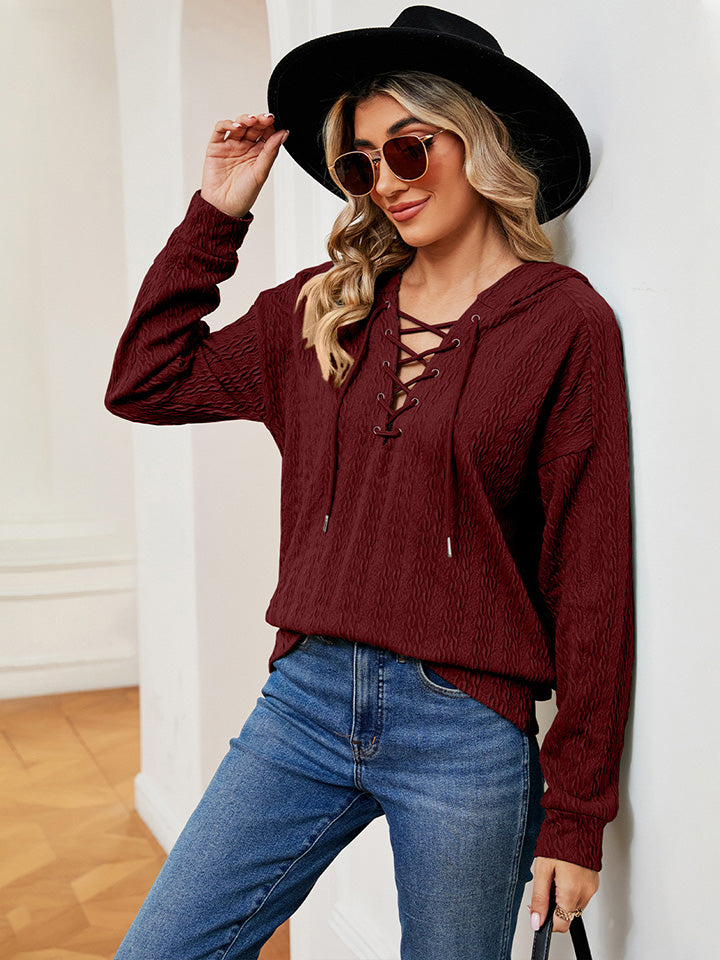 Brick Red Hoodie - Lace-Up Stretch Rayon Opaque Long Sleeve Top Apparel & Accessories > Clothing > Tops > Hoodies M.N.Y Ship From Overseas sync-pinterest