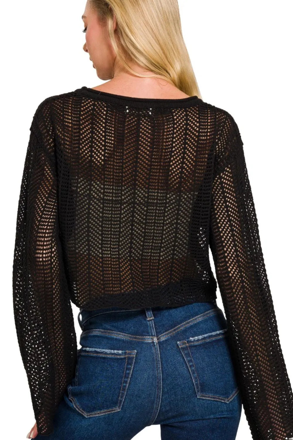 Black Crochet Knit Sweater - Sheer, Openwork, Cropped 7-6 Ship from USA Zenana