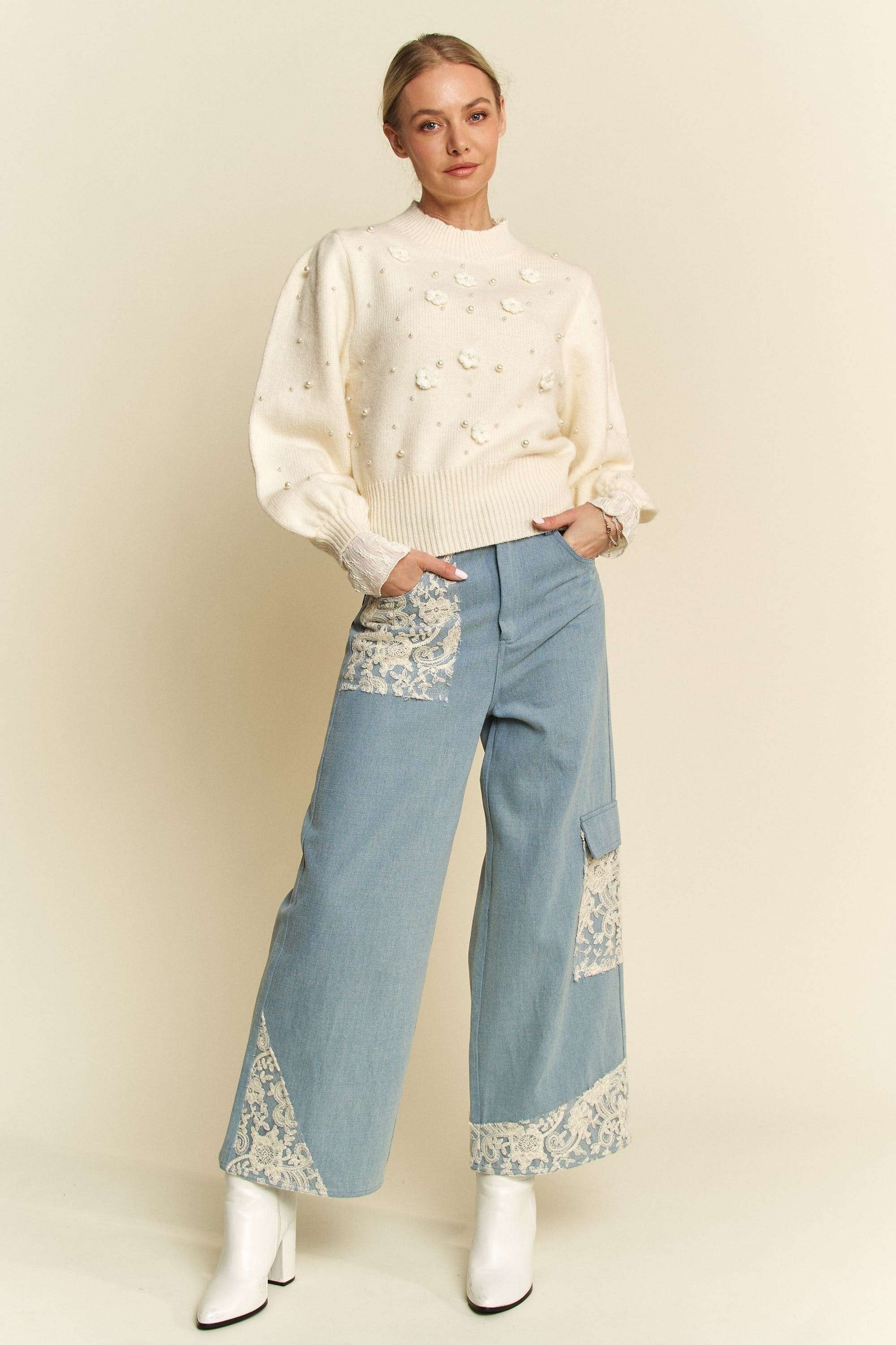 Wide Leg Denim Pants - Lace Applique - No Stretch - 100% Cotton Apparel & Accessories > Clothing > Pants Applique autopostr_pinterest_71901 autopostr_pinterest_72819 Davi & Dani Lace Leg Only Available for U.S. Residents Ship from USA sync-pinterest Wide Wide Leg