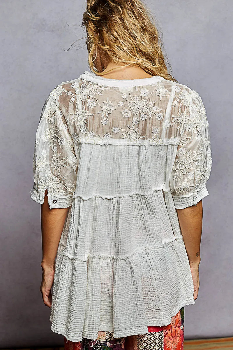 Lace Trim Cotton Blouse - Boho Ruffle Chic 7-11 POL Ship from USA