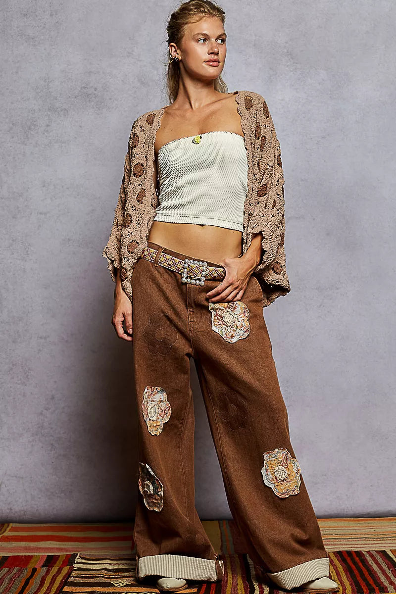 Women’s Chenille Openwork V-Neck Cardigan Sweater with Contrast Floral Design 9-7 POL Ship from USA