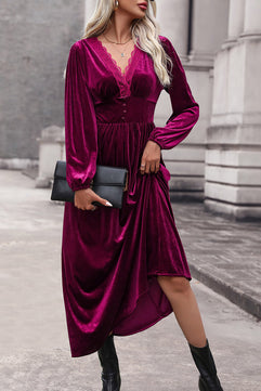 V-Neck Balloon Sleeve Midi Dress