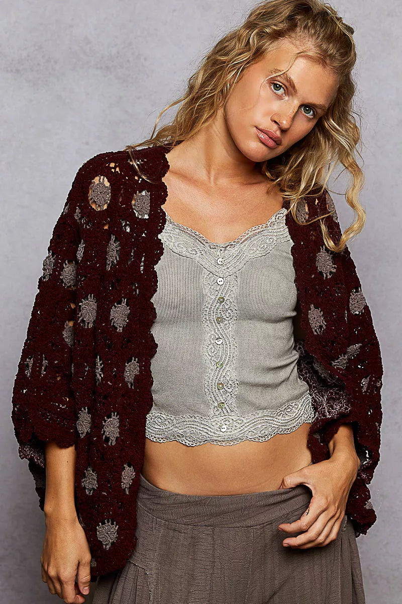 Women’s Chenille V-Neck Openwork Floral Cardigan 10-31 POL Ship from USA