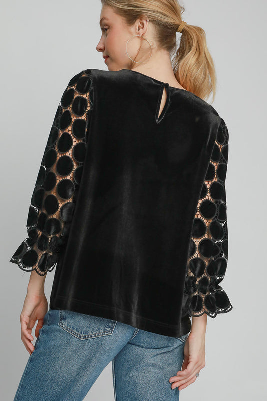 Black Long sleeve Lace Blouse - Round neck - Polka Dot autopostr_pinterest_71667 new pinterestone Ship from USA Umgee USA