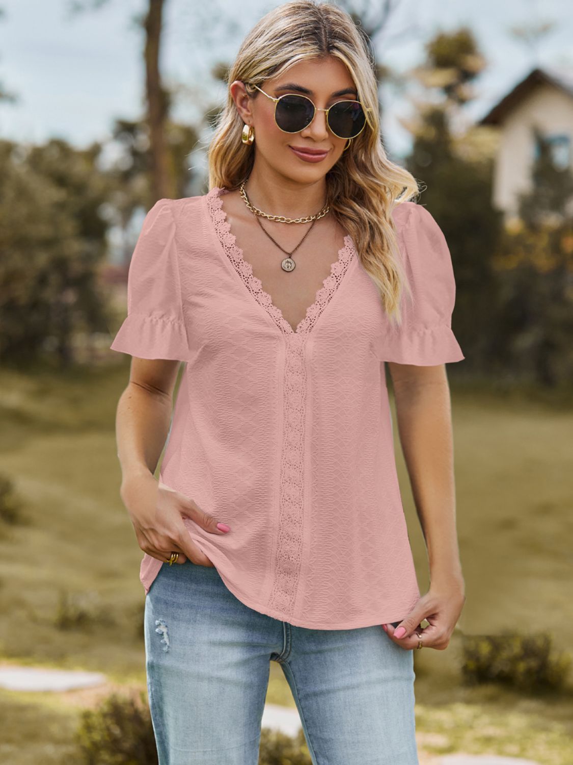 Women's Lace Detail Top with Slight Stretch Apparel & Accessories > Clothing > Tops Blouse Detail Detail V Flounce Flounce Sleeve Flounce Sleeve Blouse K.C Lace Lace Detail Neck Neck Flounce Neck Flounce Sleeve Ship From Overseas Sleeve Sleeve Blouse sync-pinterest T V