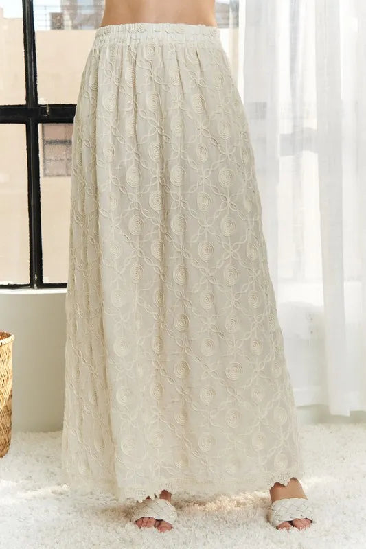 Maxi Skirt - Elastic Waist - Cotton - Applique Lace - Flowy Fit 4-23-usa ADORA Ship from USA