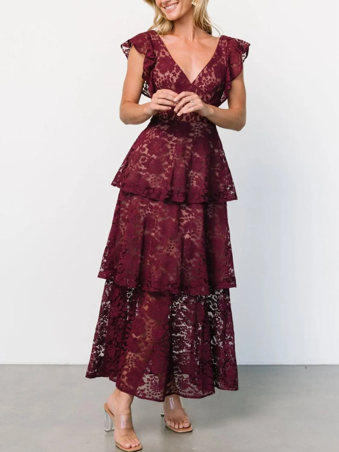 Lace Layered Ruffled Cap Sleeve Dress 4-16-overseas Elegant Edge Ship From Overseas