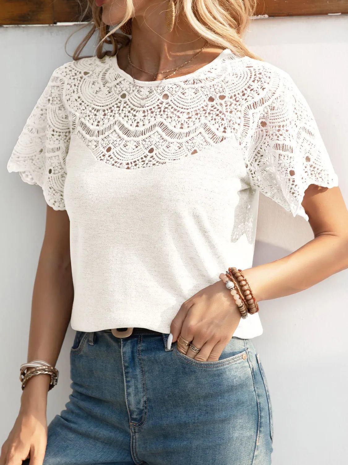 White Women's Openwork Lace Detail Top with Slight Stretch 4-14 Exquisite Essentials Ship From Overseas