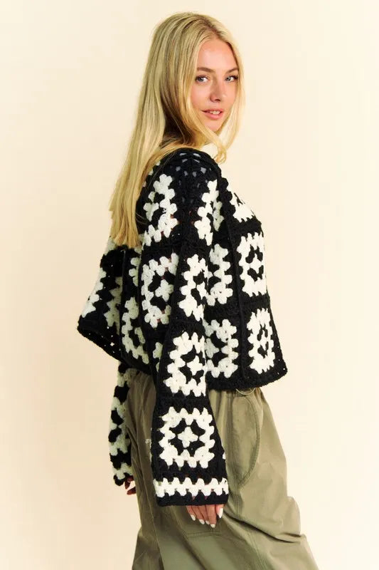 Floral Crochet Square Cardigan - Two-Tone Boho 7-6 Davi & Dani Ship from USA