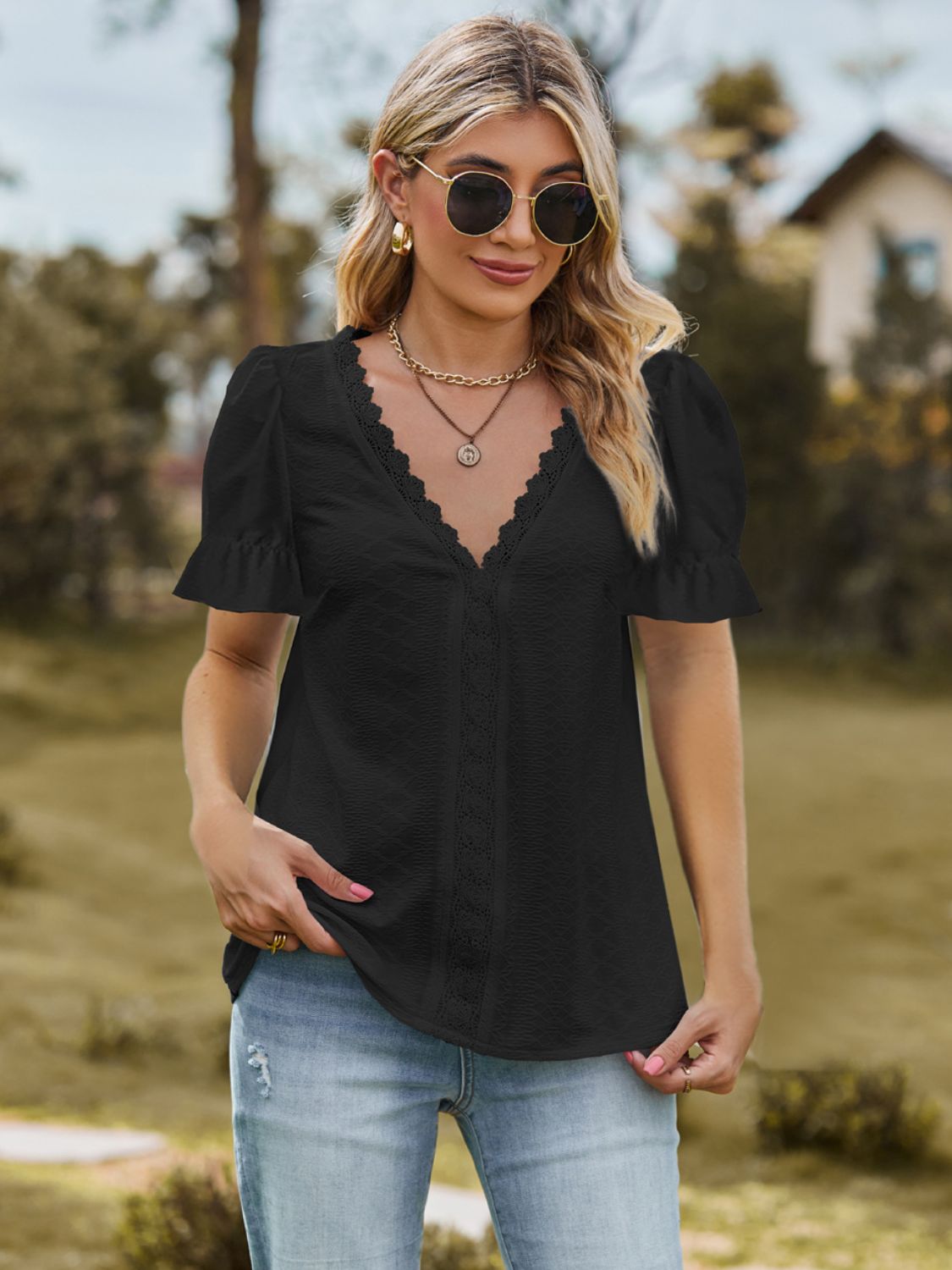 Women's Lace Detail Top with Slight Stretch Apparel & Accessories > Clothing > Tops Blouse Detail Detail V Flounce Flounce Sleeve Flounce Sleeve Blouse K.C Lace Lace Detail Neck Neck Flounce Neck Flounce Sleeve Ship From Overseas Sleeve Sleeve Blouse sync-pinterest T V