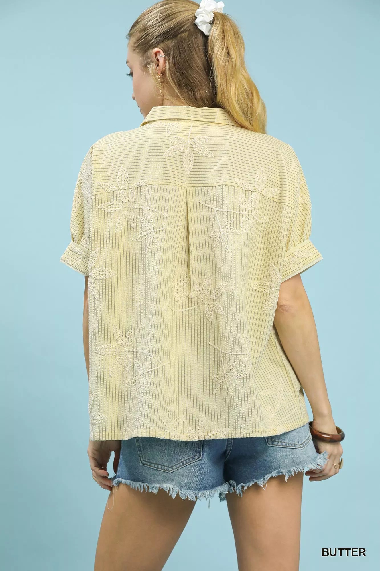 Women’s Striped Embroidered Scallop Trim Short Sleeve Blouse 10-31 Ship from USA Umgee USA