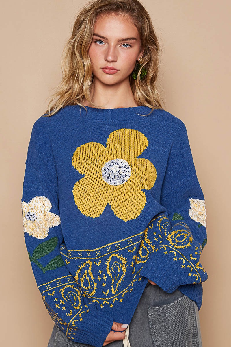 Blue Sweater - Long Sleeve - Floral Lace Clothing & Accessories > Clothing > Tops > Sweaters autopostr_pinterest_71118 autopostr_pinterest_71178 autopostr_pinterest_71277 flower lace long patch pol sleeve sweater