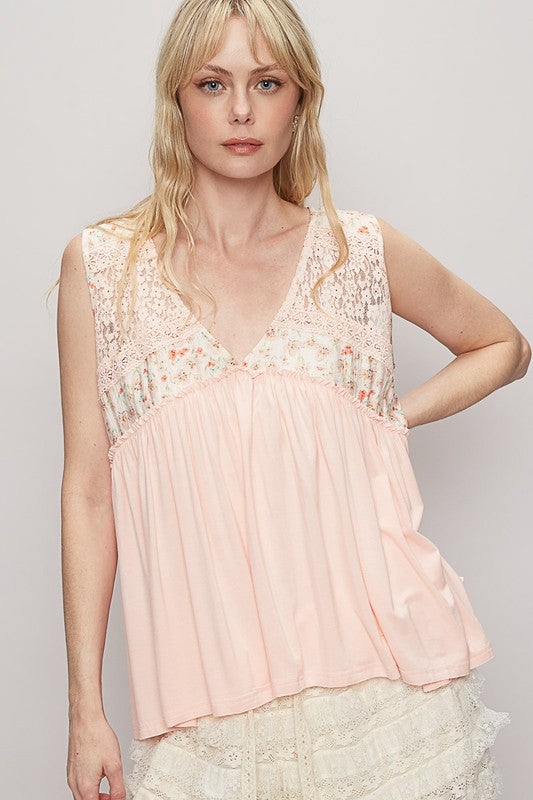 L Lace Detail Sleeveless Top - Frilly - Floral - V Neck POL Ship from USA