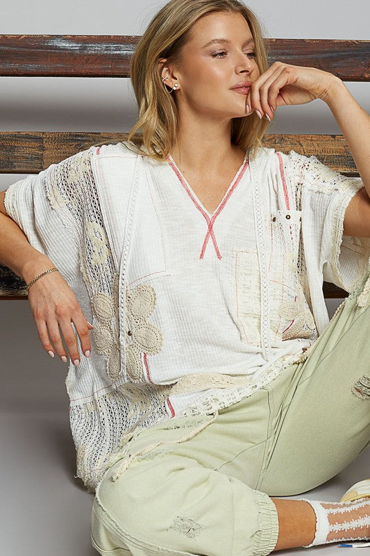Hooded Lace Patchwork Top - Semi-Sheer Half Sleeves Apparel & Accessories > Clothing > Tops autopostr_pinterest_72819 Only Available for U.S. Residents POL Ship from USA sync-pinterest