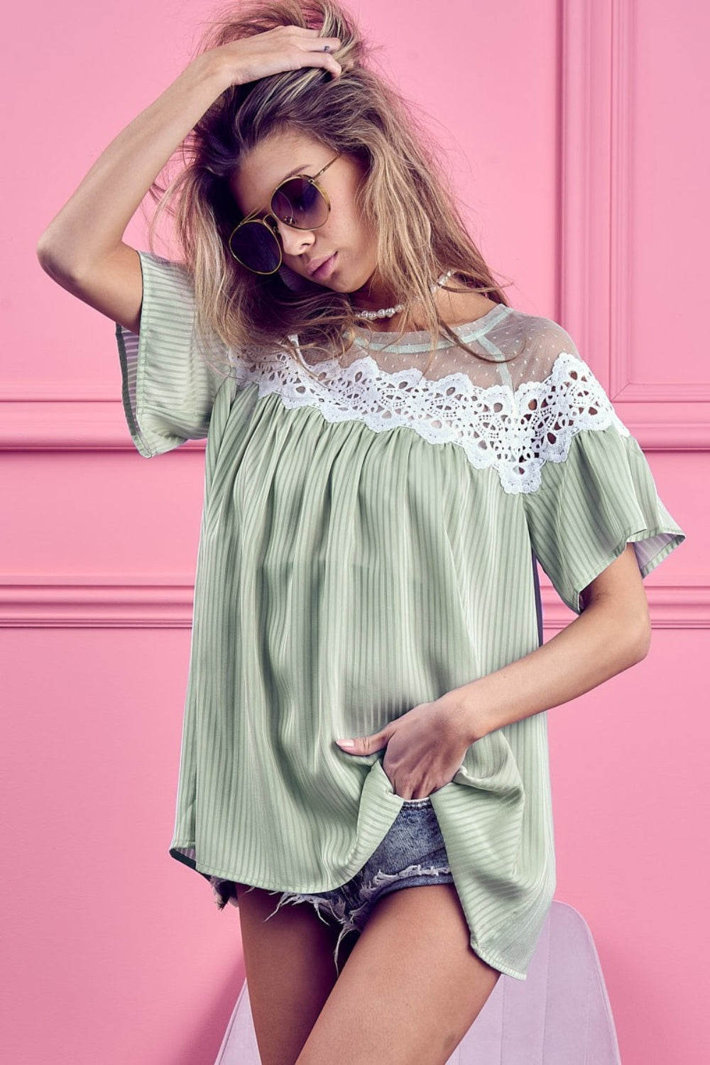 Sage Lace Blouse - Short Sleeve - Striped - Lace Detail Clothing & Accessories > Clothing > Tops > Blouses autopostr_pinterest_71901 blouse detail lace PinterestNew short sleeve striped