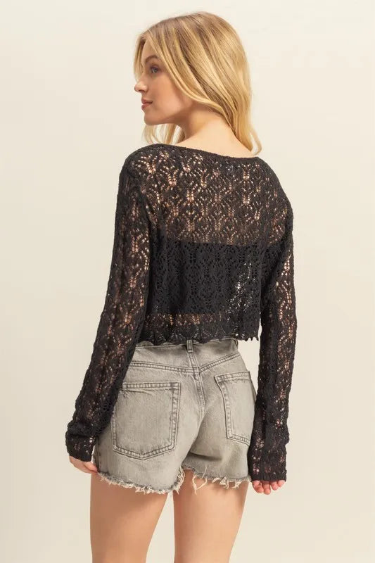 Black Crochet Round Neck Knit Cover Up 7-6 HYFVE Ship from USA