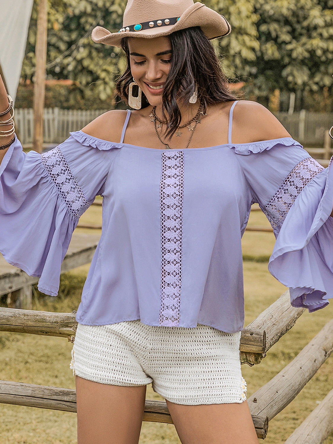 Ruffled Blouse - Flare Sleeves - Square Neck - Lace Detail - Viscose Apparel & Accessories > Clothing > Tops Blouse Flare Flare Sleeve H.R.Z Neck Neck Flare Neck Flare Sleeve Ship From Overseas Sleeve Sleeve Blouse Square Square Neck sync-pinterest V