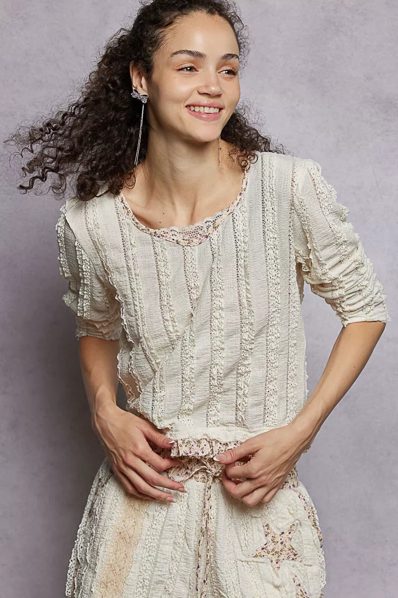 Cream Women’s Floral Ruffled Textured Long Sleeve Blouse 10-31 POL Ship from USA