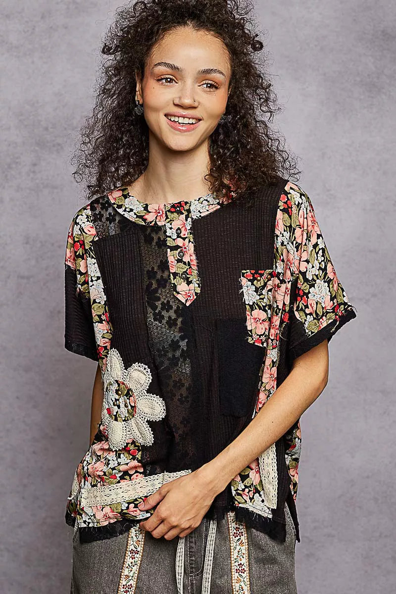 Women’s Lace Floral Patch Round Neck Short Sleeve Casual Top 10-31 POL Ship from USA