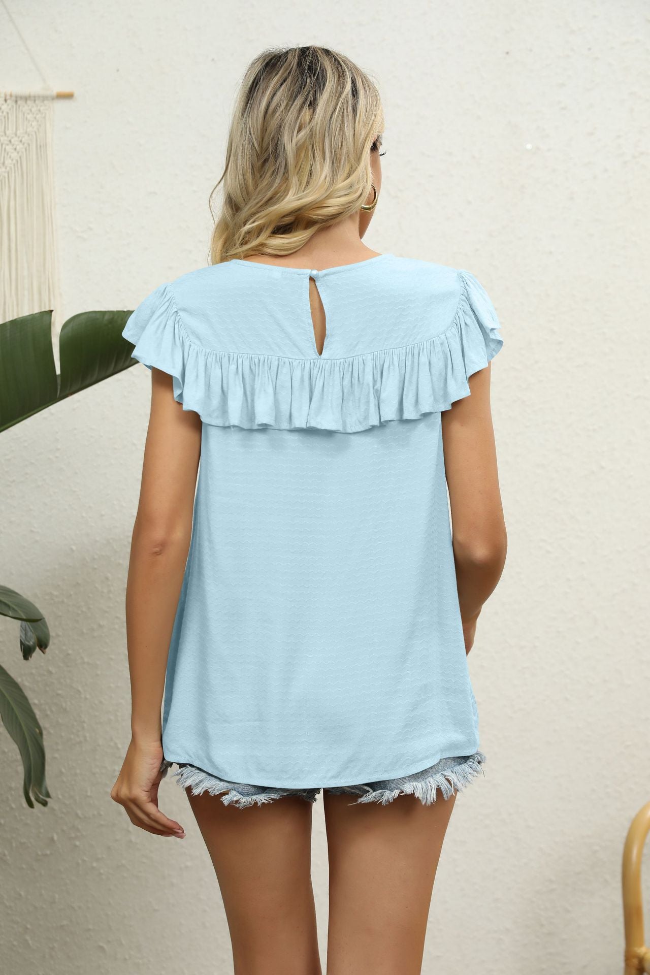 Lace Flutter Sleeve Round Neck Top - Solid Casual Polyester Blouse Apparel & Accessories > Clothing > Tops AYL Ship From Overseas sync-pinterest