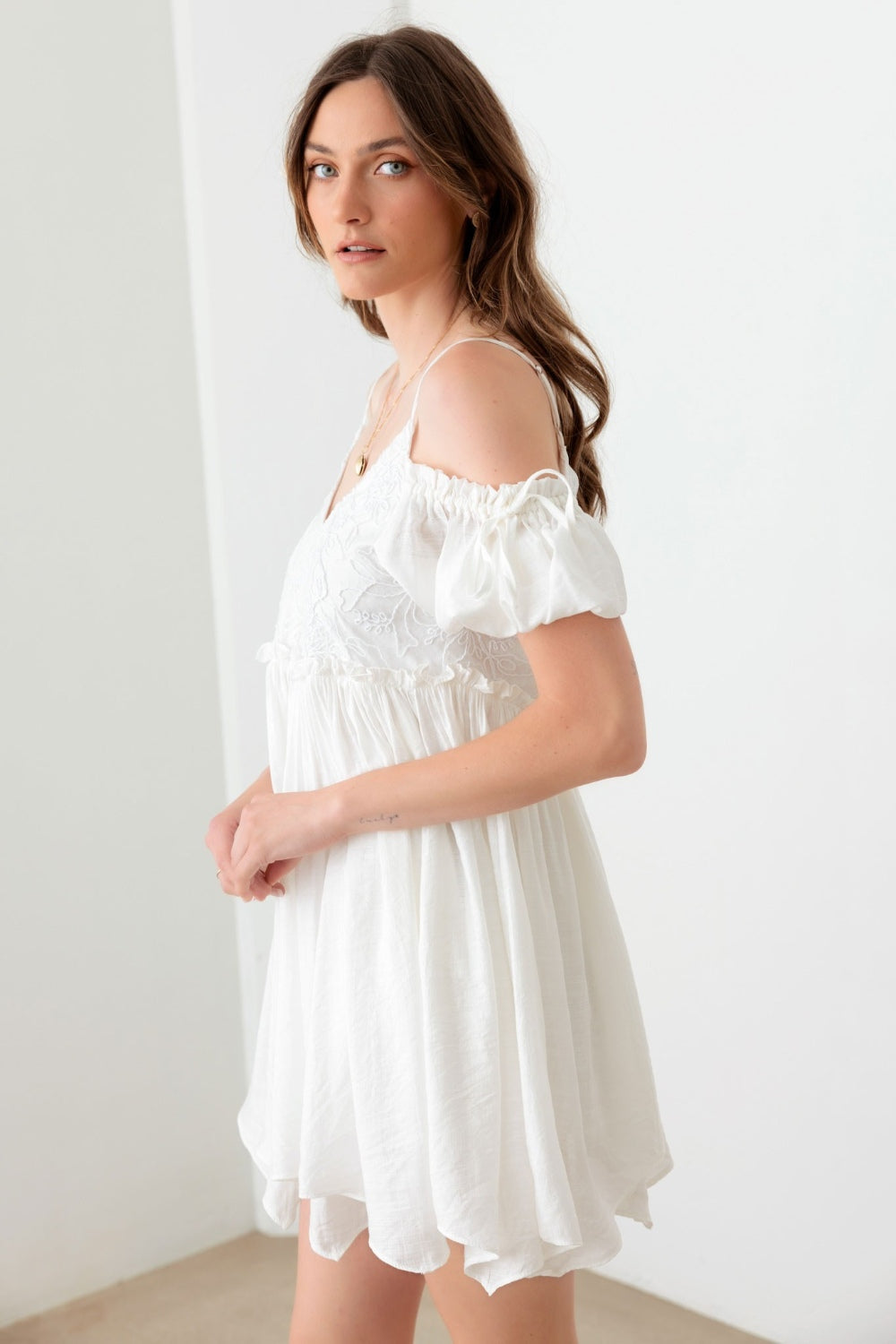 White Mini Dress - Lace Detail Embroidered - Dropped Shoulder Clothing & Accessories > Clothing > Dresses cold dress embroidered floral mini mustard pinterestnew pinterestone seed shirred shoulder