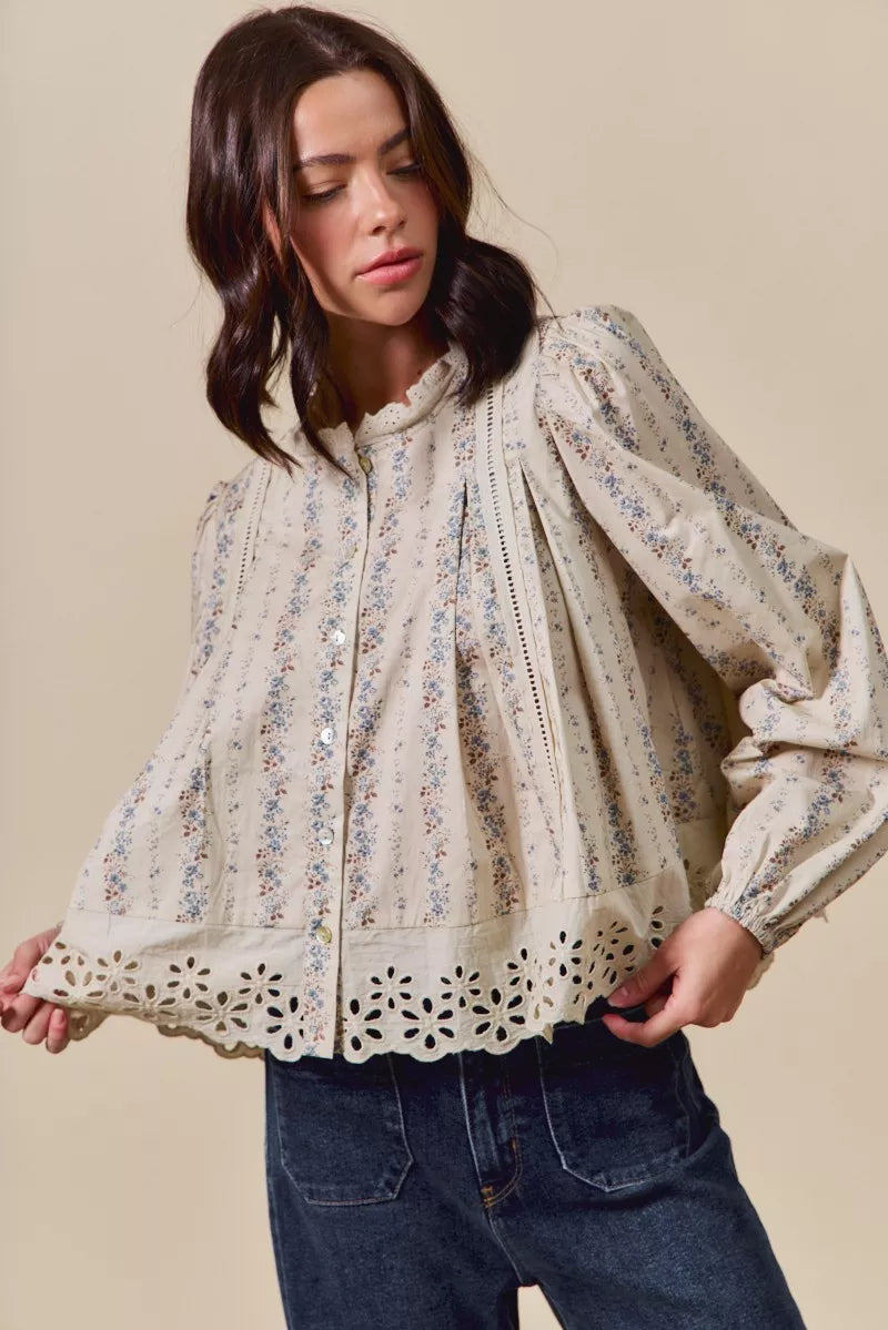 Women’s Floral Print Lace Button Down Shirt 10-31 Ship from USA SO ME