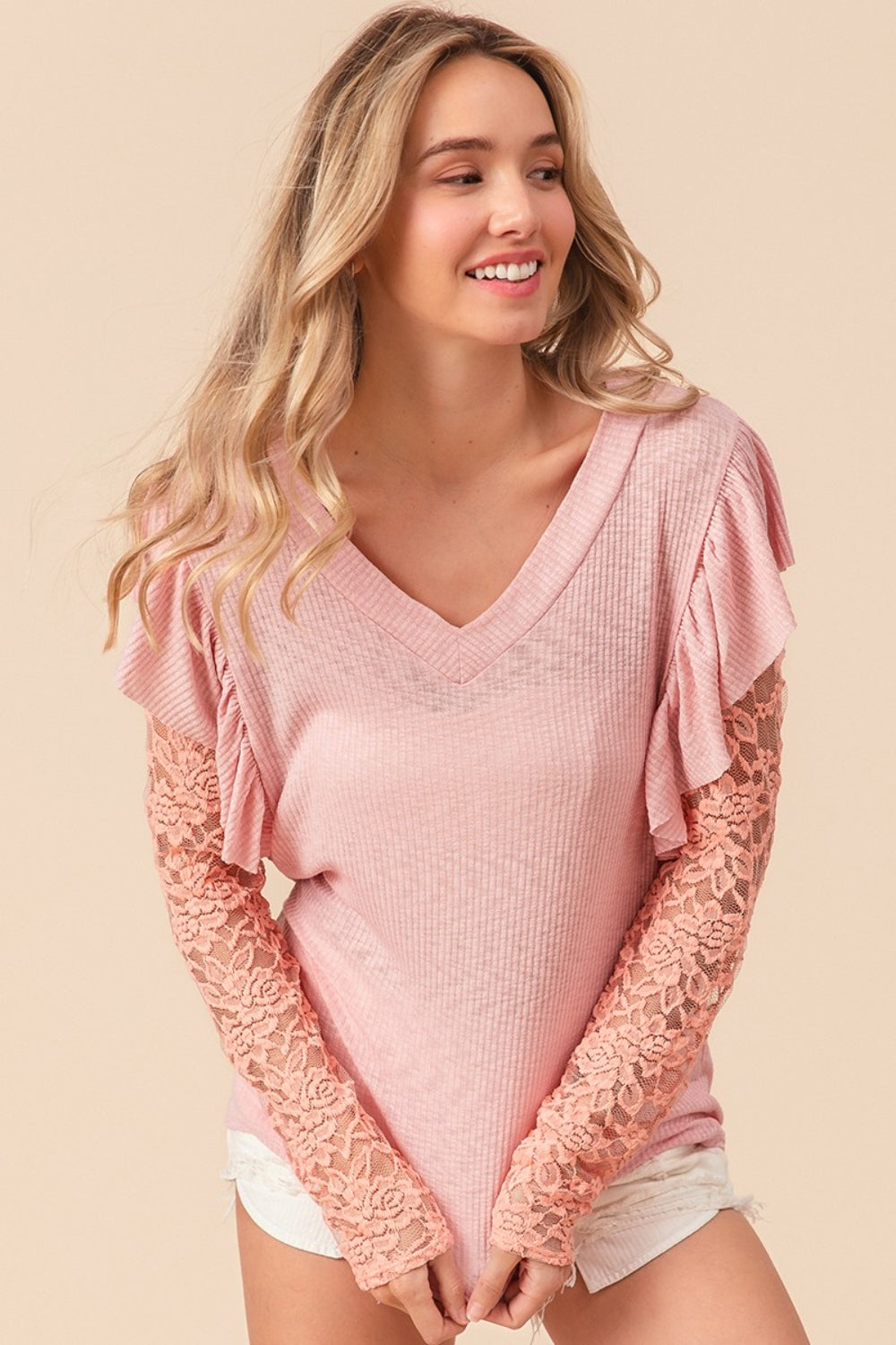 Blush Pink Lace Top - Rib Knit - Long Sleeve - Ruffled Clothing & Accessories > Clothing > Tops autopostr_pinterest_71901 knit lace PinterestNew rib ruffled sleeve top