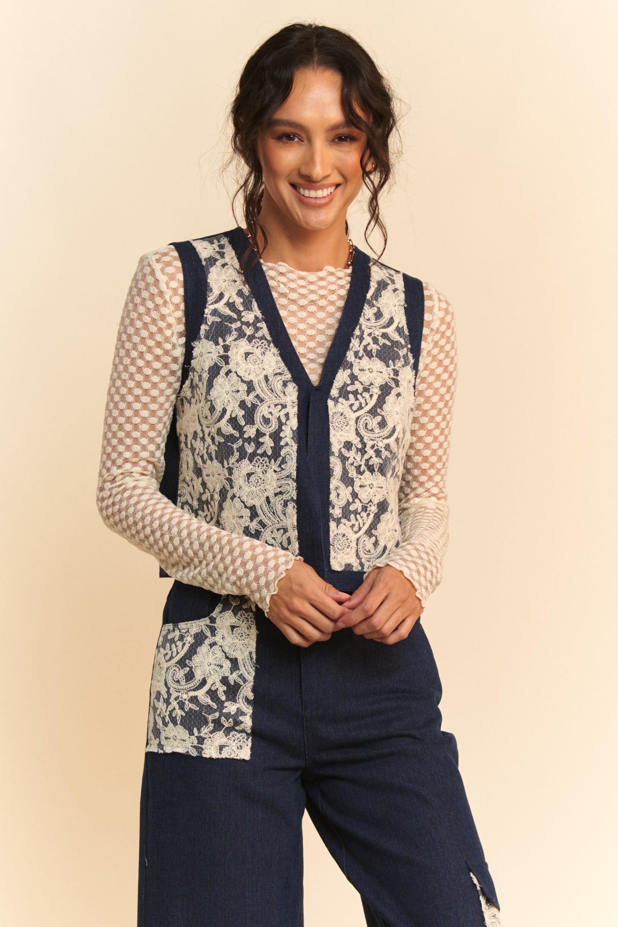 Denim Vest - Open Front - Lace Accents - 100% Cotton Apparel & Accessories > Clothing > Outerwear autopostr_pinterest_72819 Davi & Dani Only Available for U.S. Residents Ship from USA sync-pinterest