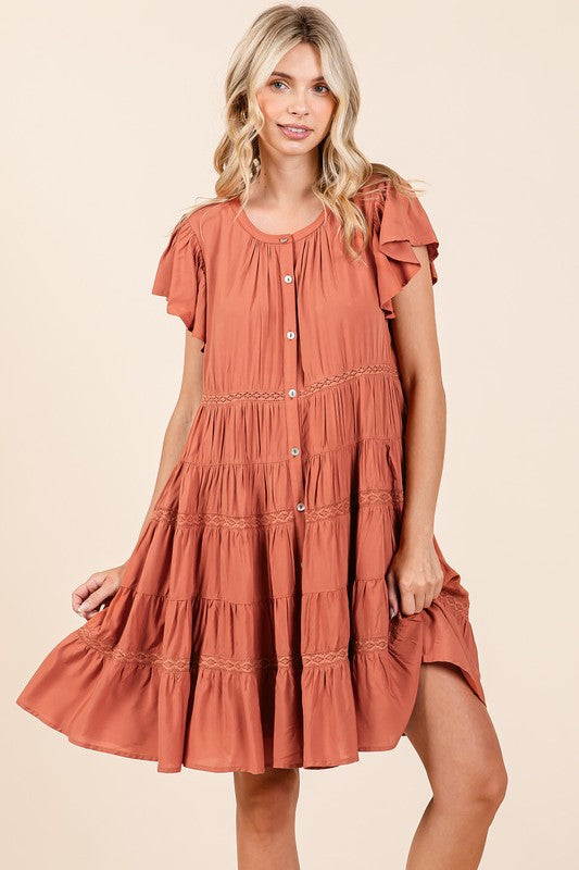 L Red/Brown Ruffled Tiered Dress - Button Down Mittoshop new Ship from USA