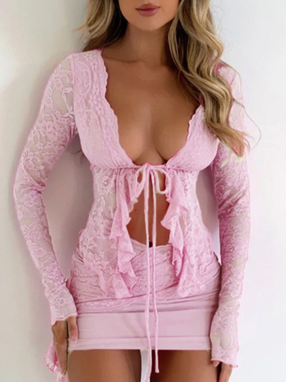 Blush Pink Lace Ruffle Top - Sheer Long Sleeve - Stretch Fit Apparel & Accessories > Clothing > Tops Devine Front Lace Lace Shirt Long Long Sleeve Long Sleeve Lace Ruffle Ruffled Ship From Overseas Shirt Sleeve Sleeve Lace Sleeve Lace Shirt sync-pinterest Tie Tied V