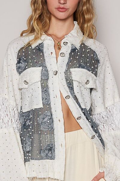 Charcoal Lace Patchwork Shirt - Flower Pearl Details new POL Ship from USA