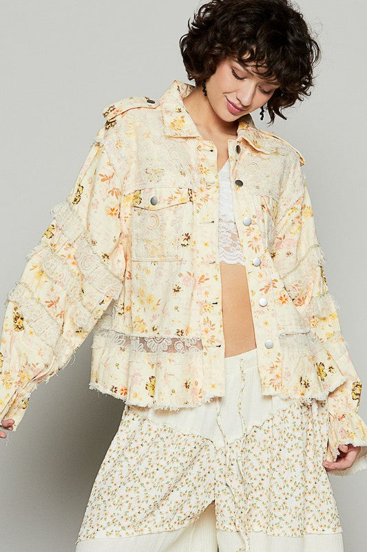 L Yellow Flounce Sleeve Jacket - Lace Patch - Raw Hem new POL Ship from USA