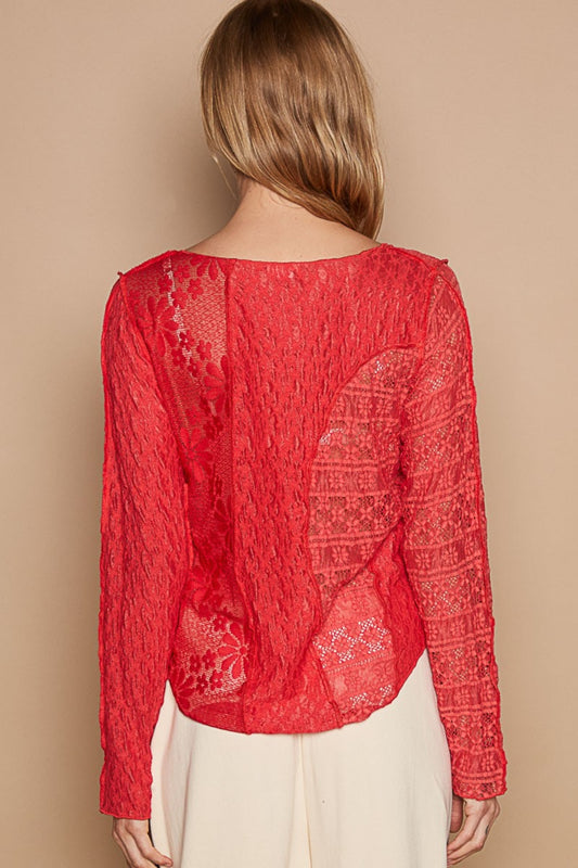 Exposed Seam Long Sleeve Lace Knit Top