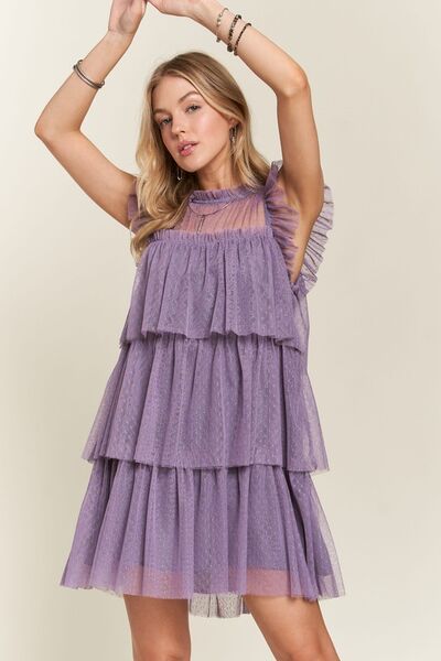 Layered Ruffled Cap Sleeve Mesh Dress ADORA new Ship from USA