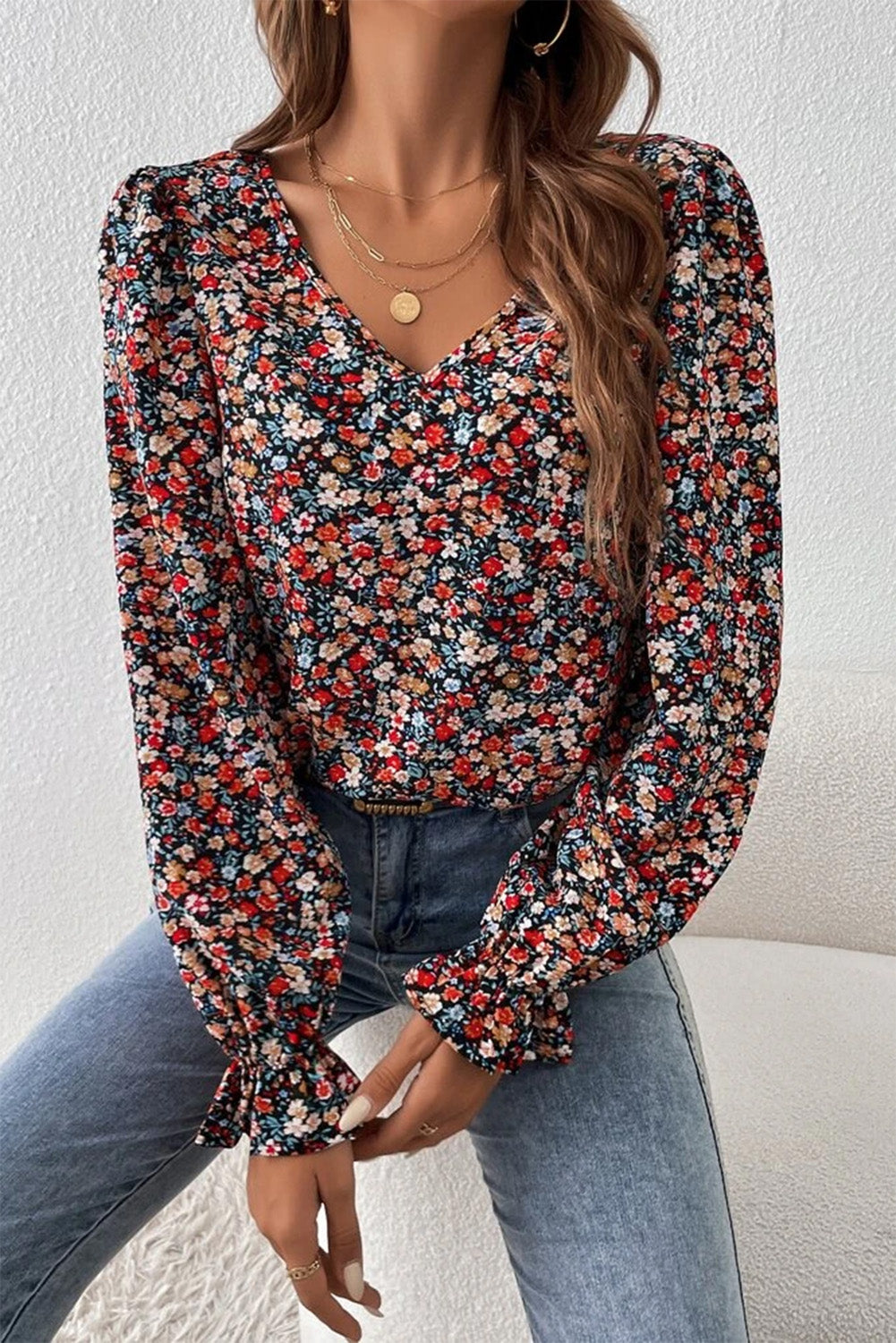 Chic Floral Lace Tie V-Neck Blouse with Flounce Sleeves Apparel & Accessories > Clothing > Tops Blouse Long Long Sleeve Long Sleeve Blouse Neck Print Printed Ship From Overseas Sleeve Sleeve Blouse sync-pinterest SYNZ V