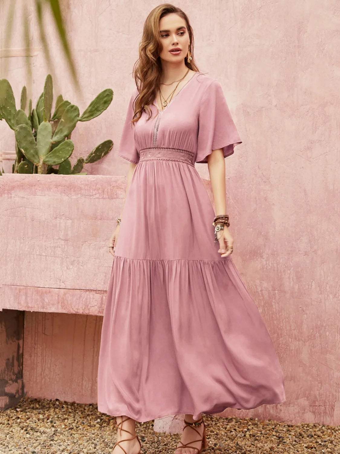 Lace Detail V-Neck Short Sleeve Dress 4-23-overseas Rusttydustty Ship From Overseas