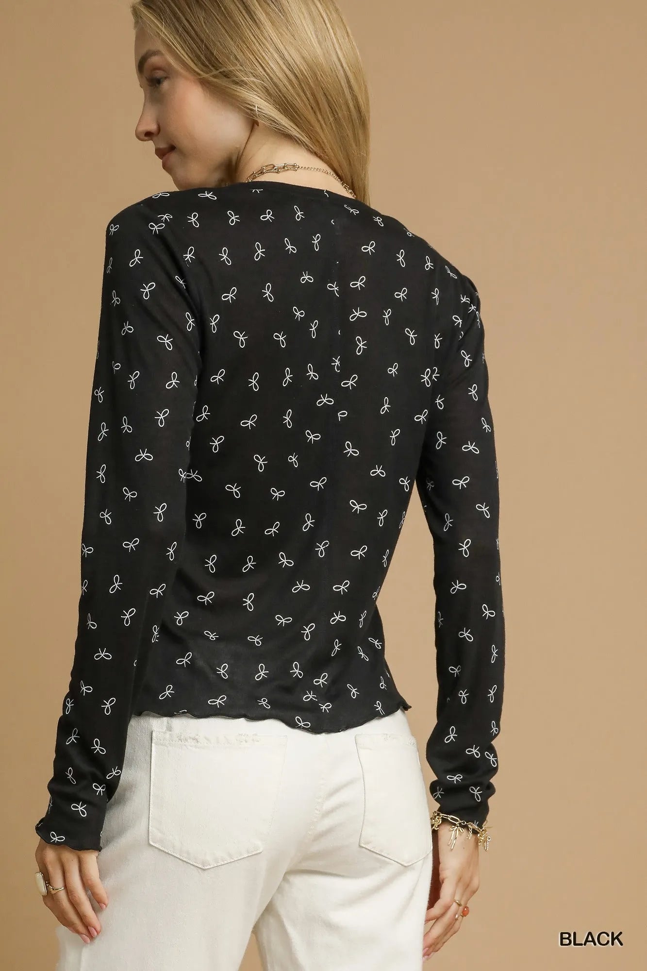Women’s Bow Print Lightweight Knit Top 9-7 Ship from USA Umgee USA