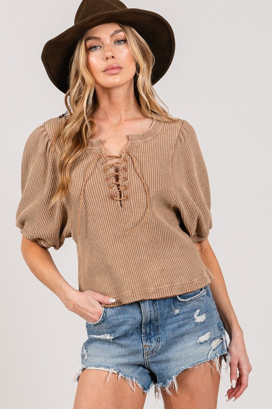 L Light Brown Lace-Up Waffle Knit Crop Top - Long Sleeve Casual Pullover Blouse, Y2K Aesthetic SAGE+FIG Ship from USA