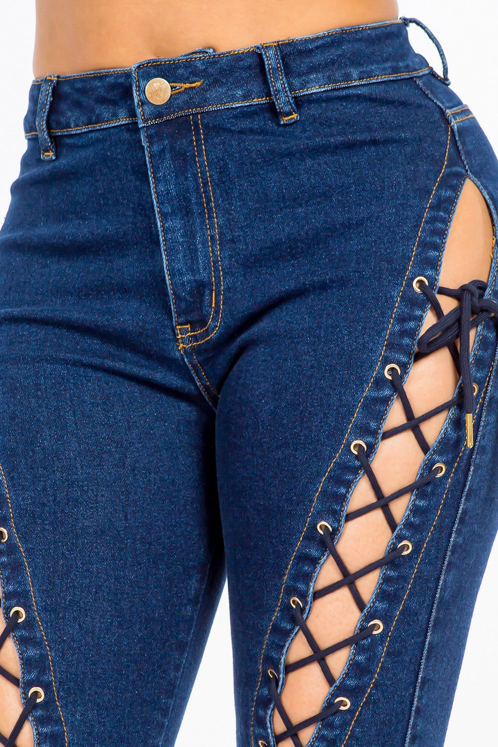 High-Rise Denim Jeans - Stretch Lace-Up Detail - Blue Apparel & Accessories > Clothing > Pants American Bazi High Lace Lace Up Only Available for U.S. Residents Ship from USA sync-pinterest Up